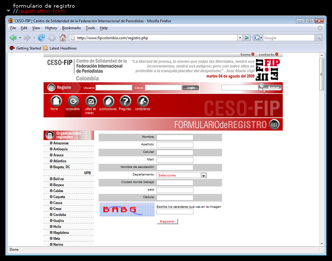 Página registro al portal // Web portal registration form